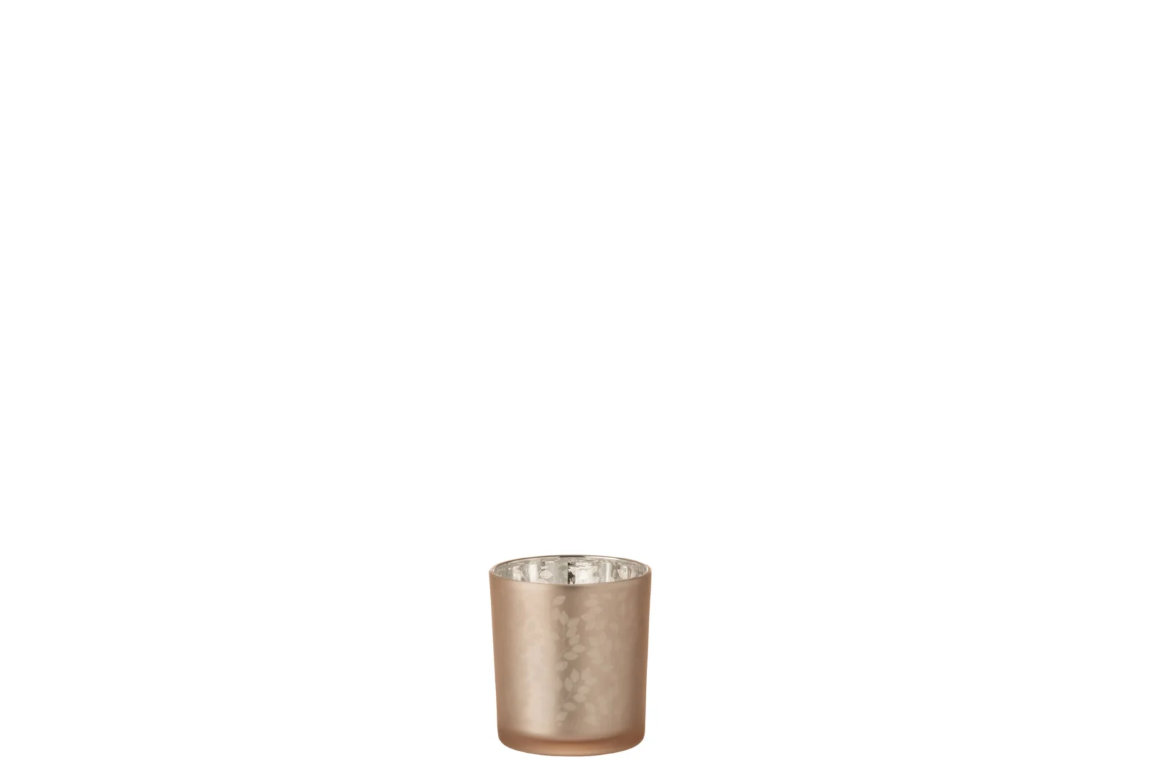 Een kleine, lichtroze en zilveren glazen kandelaar, Theelichthouder Bladeren Glas Lichtroze Zilver Klein, is gecentreerd op een witte achtergrond.