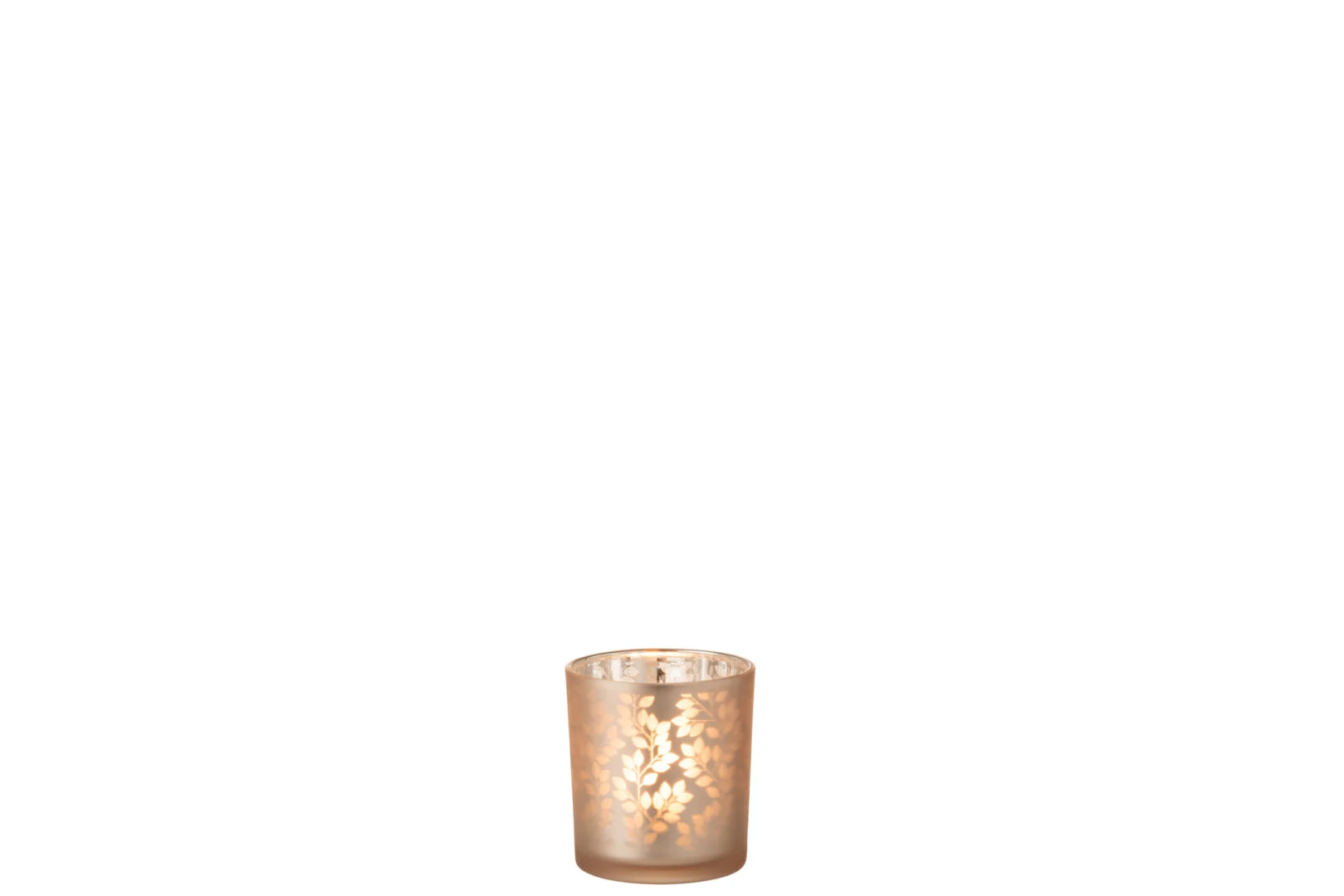 De Theelichthouder Bladeren Glas Lichtroze Zilver Klein is een kleine glazen kandelaar met een delicaat bladmotief, zacht oplichtend tegen een effen witte achtergrond.