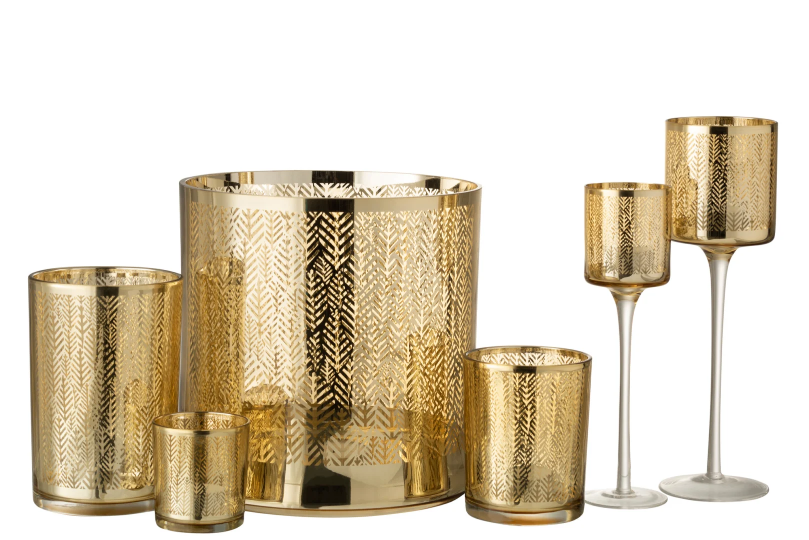 Een set van drie Kaarsenhouder Glas Graanmotief kandelaars in zilver, goud en grijs met verschillende vormen en hoogtes, naast elkaar geplaatst op een witte achtergrond.