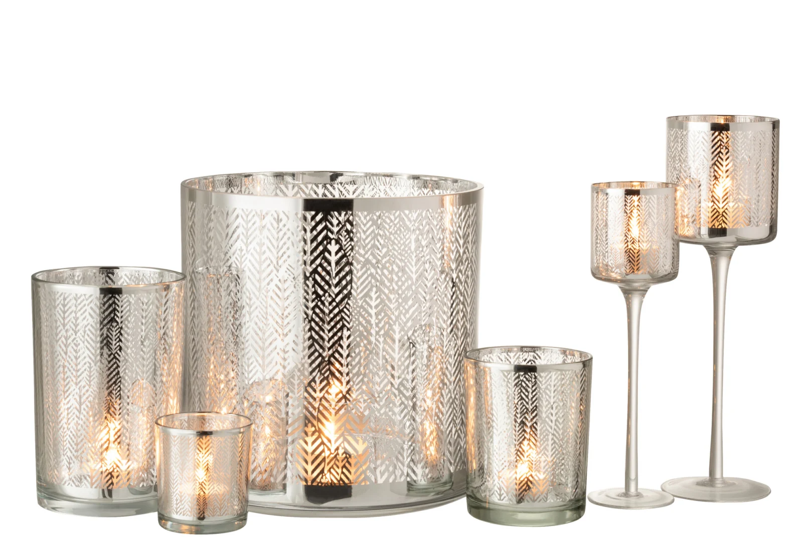 Een set van drie Kaarsenhouder Glas Graanmotief kandelaars in zilver, goud en grijs, elk met een glazen korrelpatroon en verschillende hoogtes, tegen een effen witte achtergrond.