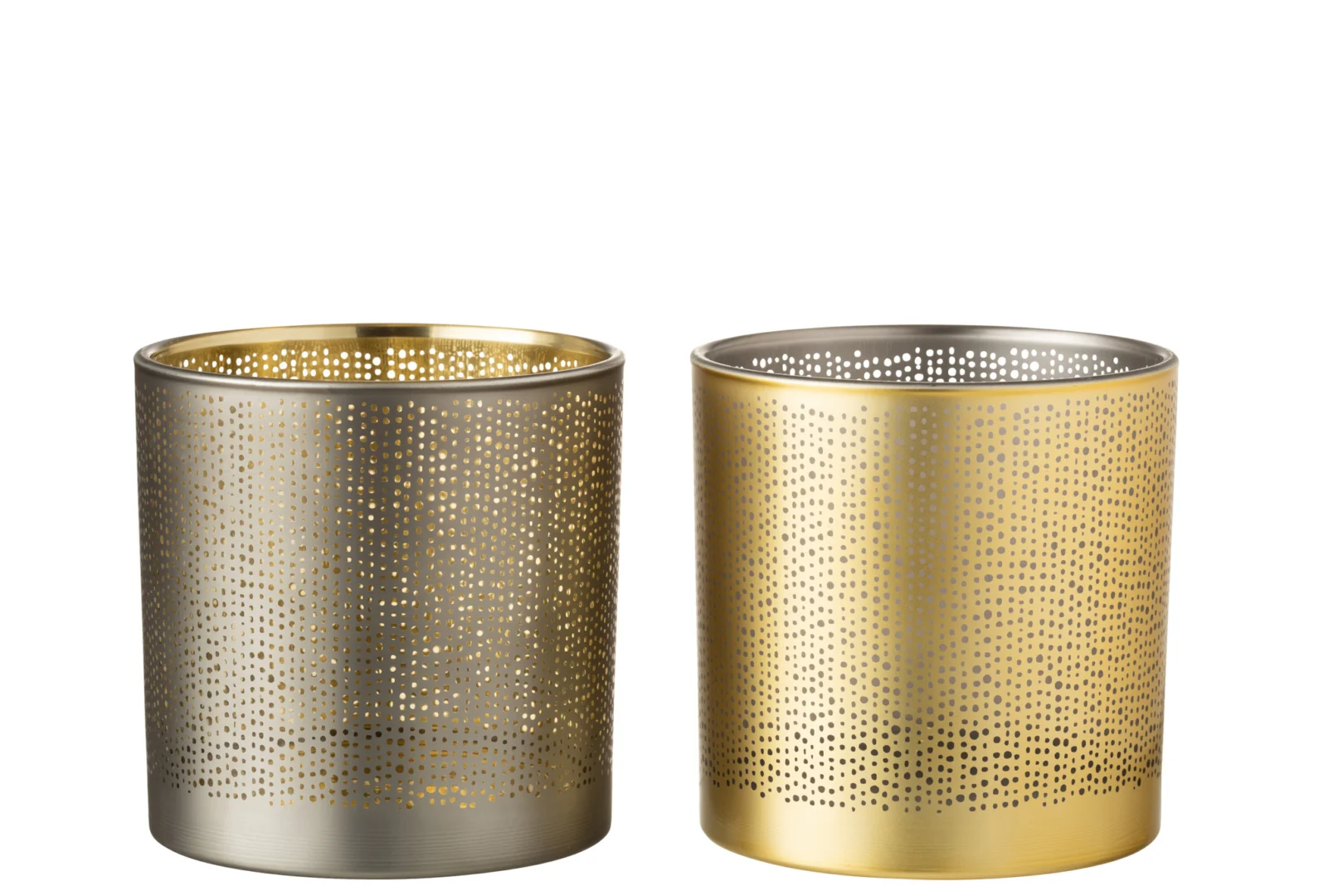 Theelichthouder Glas Zilver Goud Gespikkeld Groot Set 2: Twee glazen kandelaars met een gespikkelde zilveren en gouden afwerking naast elkaar op een witte achtergrond.