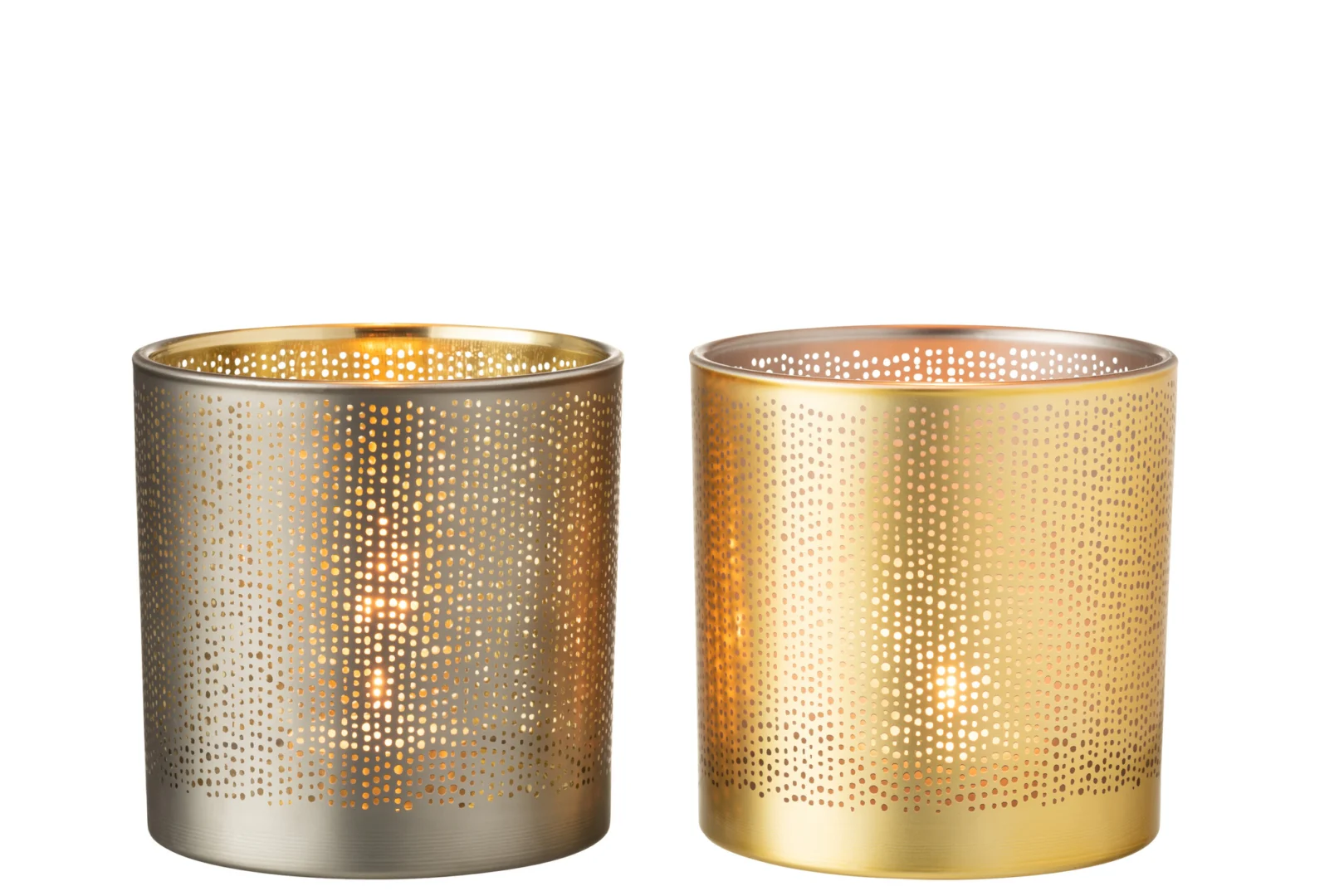 Set van twee grote gespikkelde glazen kandelaars, "Theelichthouder Glas Zilver Goud Gespikkeld Groot", in zilver en goud, die elk warm oplichten als het kaarslicht door hun decoratieve afwerking schijnt.