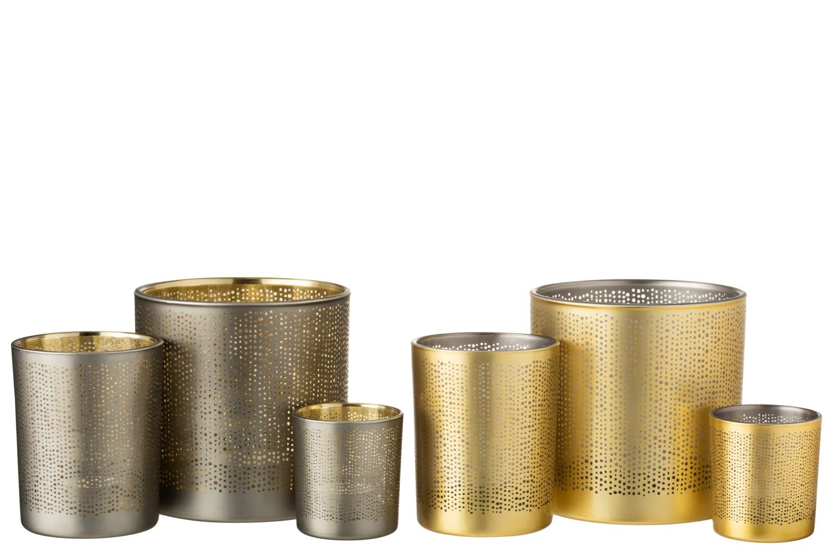 Theelichthouder Glas Zilver Goud Gespikkeld Groot Set 2: een set grote glazen kandelaars in zilver en goud met een gespikkeld patroon, met cilindrische vormen en stijlvolle perforaties.