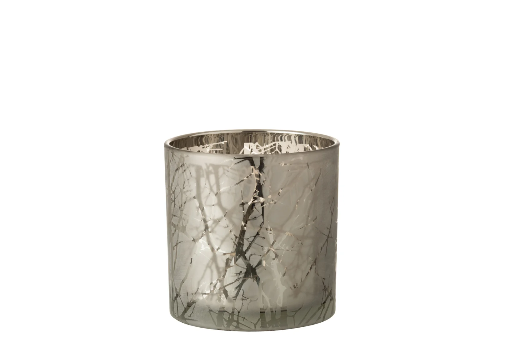 Theelichthouder Takken Glas Grijs Groot is een grote, zilverkleurige glazen kandelaar met een reflecterende afwerking en geëtst takkenpatroon, afgebeeld tegen een effen witte achtergrond.