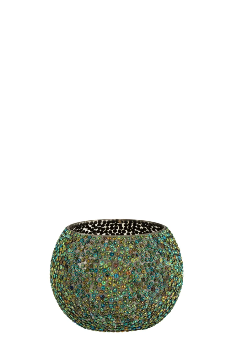 Theelichthouder Diamant Glas Blauw Groen Middel: Een ronde vaas met een brede opening, voorzien van een mozaïek van kleine blauwe, groene en gouden steentjes en een zwart-witte gestippelde binnenkant.