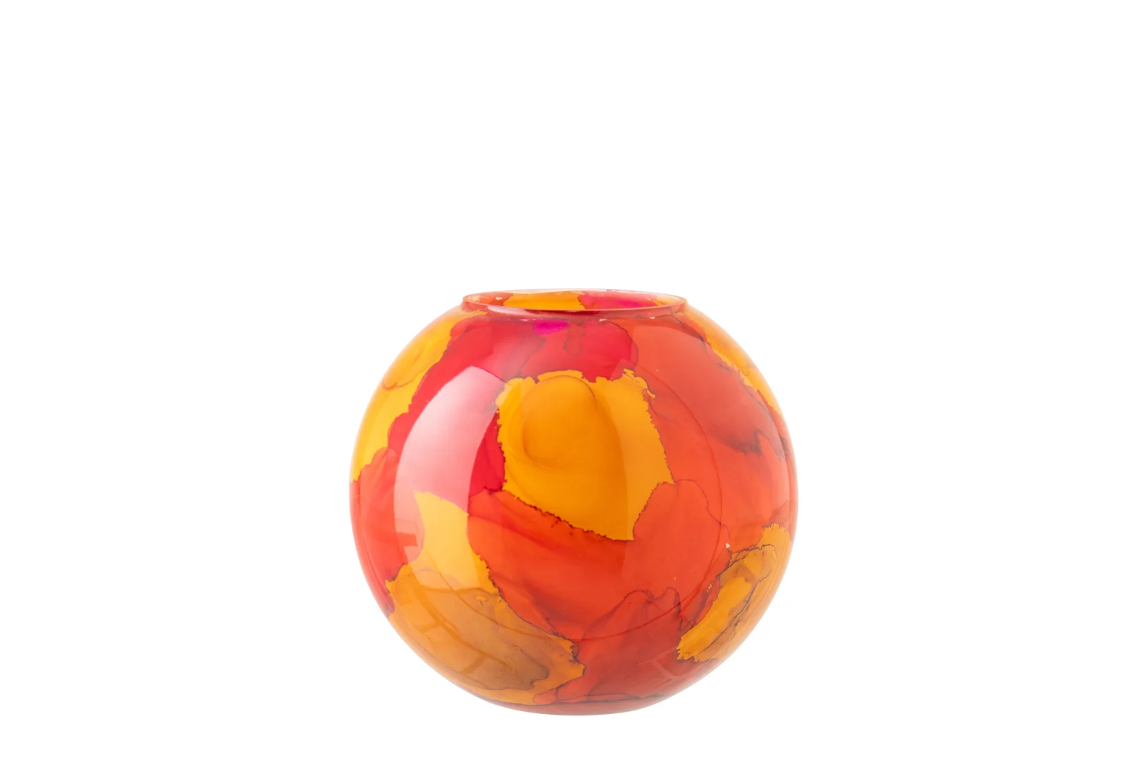 De Kaarsenhouder Orkaan Bellen Cilinder Glas Transparant Medium is een ronde glazen vaas met een glanzend oppervlak, versierd met levendige rode, oranje en gele abstracte patronen op een witte achtergrond.