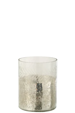 De Kaarsenhouder Orkaan Craquelure Glas Zilver Klein is een kaarsenhouder van helder glas met een zilvermetallic, gespikkelde onderste helft en een geëtst bladmotief bij de rand, weergegeven op een effen witte achtergrond.
