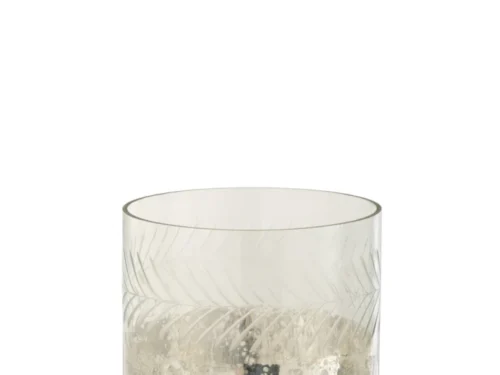 De Kaarsenhouder Orkaan Craquelure Glas Zilver Klein is een kaarsenhouder van helder glas met een zilvermetallic, gespikkelde onderste helft en een geëtst bladmotief bij de rand, weergegeven op een effen witte achtergrond.