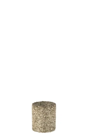 Een kleine, cilindervormige Theelichthouder Cilinder Parelglas Goud met een gestructureerd, korrelig oppervlak wordt weergegeven tegen een effen witte achtergrond.