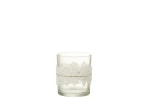 Theelichthouder Suiker Midden Diamanten Lijn Glas Helder Medium: een kandelaar van helder glas met een band van kleine witte kraaltjesdecoraties en een dunne gouden ketting rond het midden, weergegeven op een effen witte achtergrond.