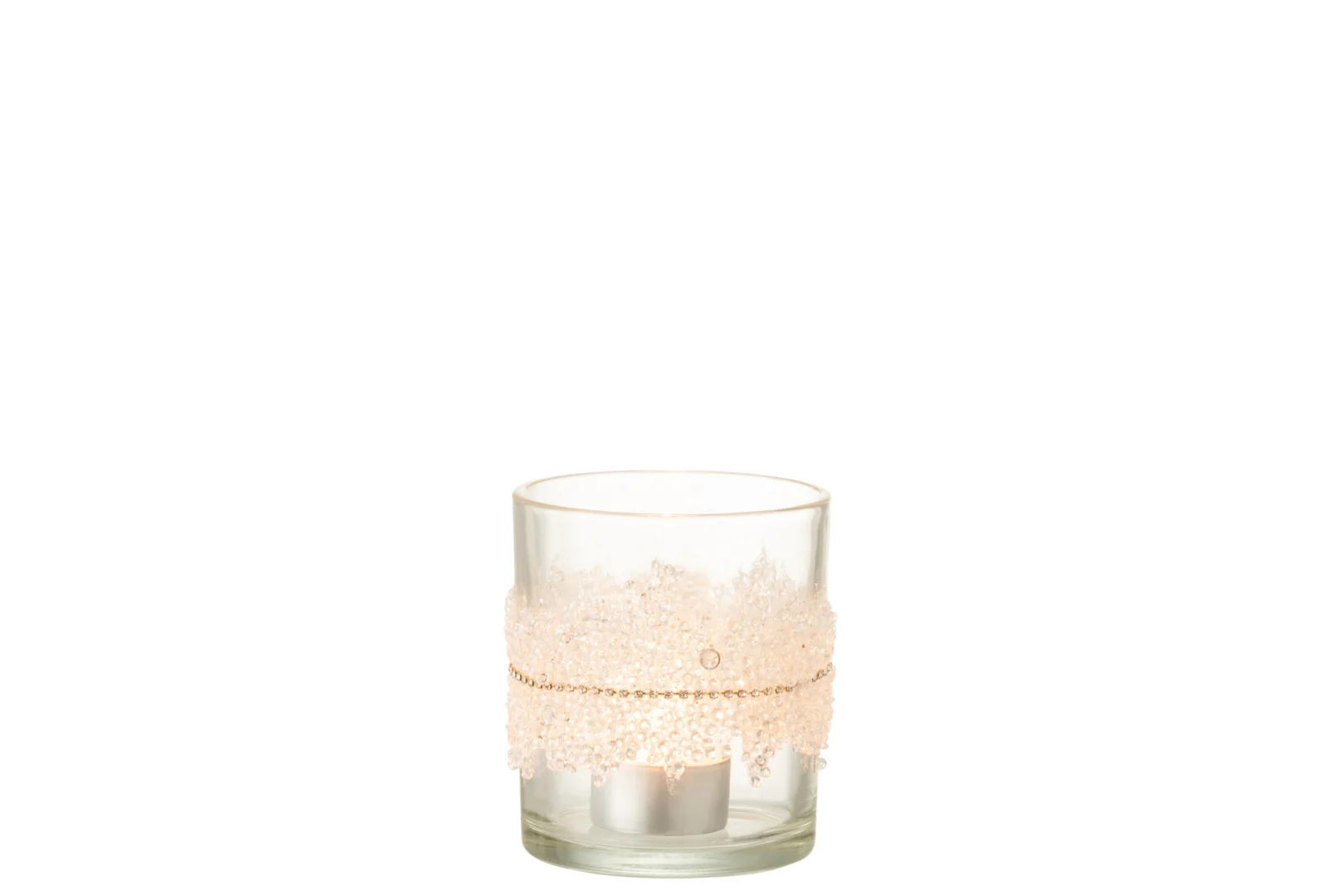 Theelichthouder Suiker Midden Diamanten Lijn Glas Helder Medium: een kandelaar van helder glas met een band van fonkelende diamanten, die een witte waxinelichtje vasthoudt, weergegeven op een effen witte achtergrond.