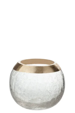 De Kaarsenhouder Bal Kraakglas Transparant Goud Medium heeft een rond, helder gebarsten glasontwerp met een brede metallic gouden band aan de bovenkant, afgebeeld tegen een effen witte achtergrond.