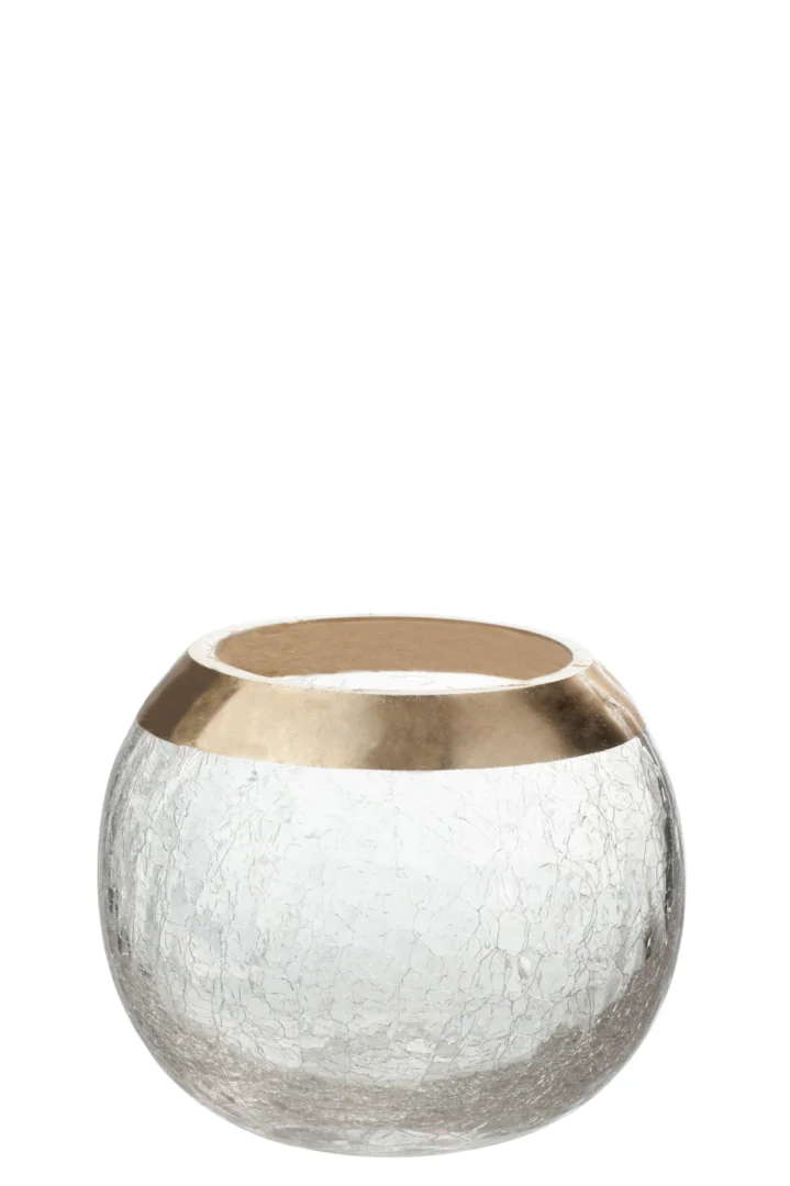 De Kaarsenhouder Bal Kraakglas Transparant Goud Medium heeft een rond, helder gebarsten glasontwerp met een brede metallic gouden band aan de bovenkant, afgebeeld tegen een effen witte achtergrond.