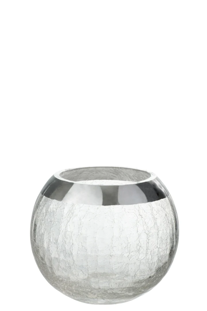 De Kaarsenhouder Bal Kraakglas Transparant/Zilver Middel is een ronde, heldere kandelaar met een brede opening, zilvermetallic rand en een kenmerkende gebarsten glastextuur.