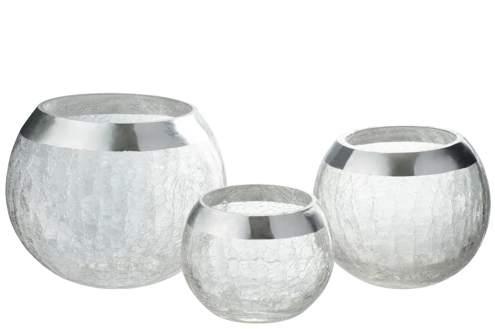 De Kaarsenhouder Bal Kraakglas Transparant/Zilver Middel, een ronde kom van helder glas met een brede opening en zilveren rand, staat afgebeeld naast twee vergelijkbare kommen van verschillende grootte op een witte achtergrond.