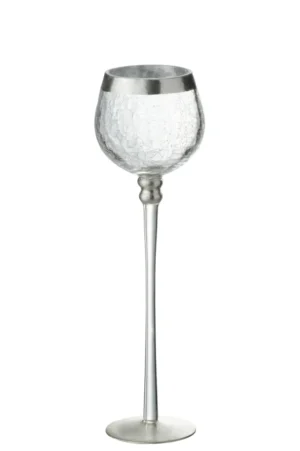 De Kaarsenhouder Bal Op Voet Kraakglas Zilver Groot is een grote kandelaar met gebarsten glas, een zilveren voet en steel, rechtopstaand op een effen witte achtergrond.