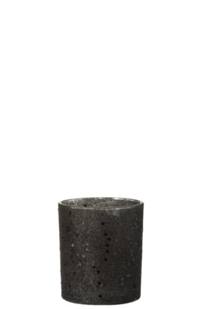 Een kleine, ronde, donkergrijze Theelichthouder Sterren Glas Zwart met een gespikkelde textuur, tegen een effen witte achtergrond.