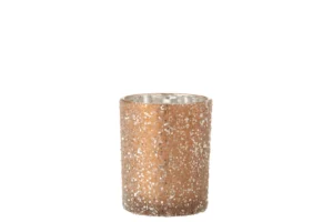 Een grote cilindrische kandelaar met de naam Theelichthouder Parelglas Donker Zalm, met een koperkleurige basis met glinsterende glitter en een metallic zilveren binnenkant.