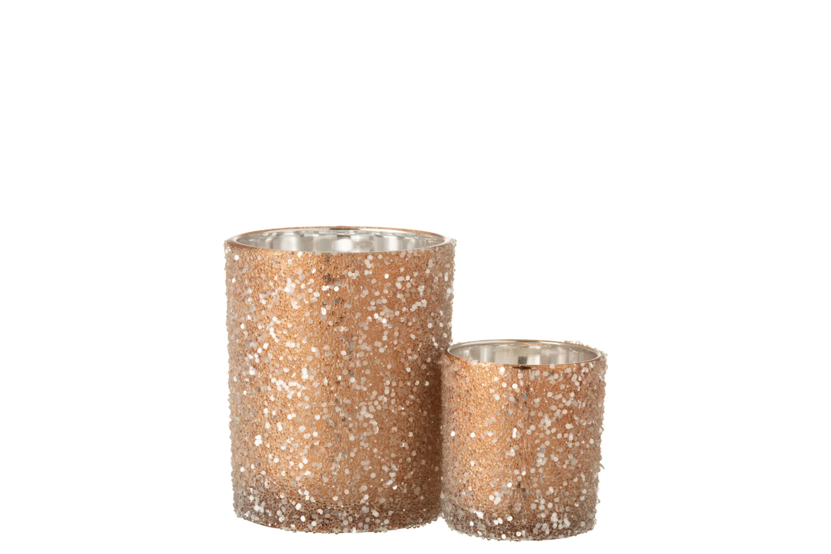 Een grote, cilindervormige kandelaar genaamd Theelichthouder Parelglas Donker Zalm Groot, met een donkere zalmtint, staat op een witte achtergrond.