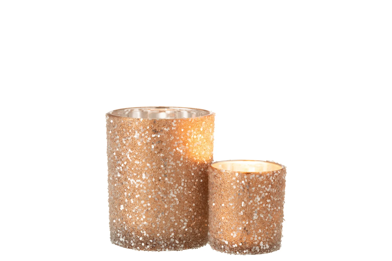 Theelichthouder Parelglas Donker Zalm Groot, een grote cilindervormige kandelaar met een glinsterende gouden en zilveren afwerking, straalt warm wanneer hij wordt aangestoken tegen een witte achtergrond.