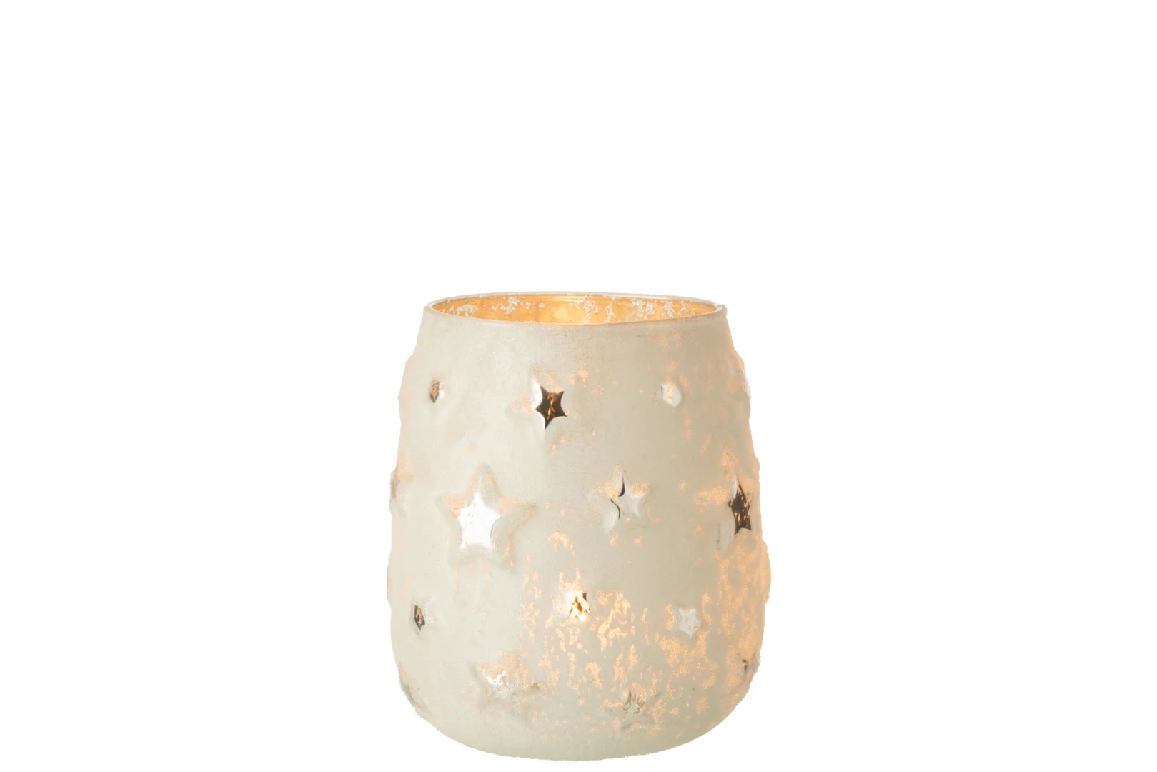 Theelichthouder Ster Glas Antiek Zilver Groot is een grote, antiek zilveren glazen kandelaar met stervormige uitsparingen, waarin een kaars zachtjes oplicht tegen een effen witte achtergrond.