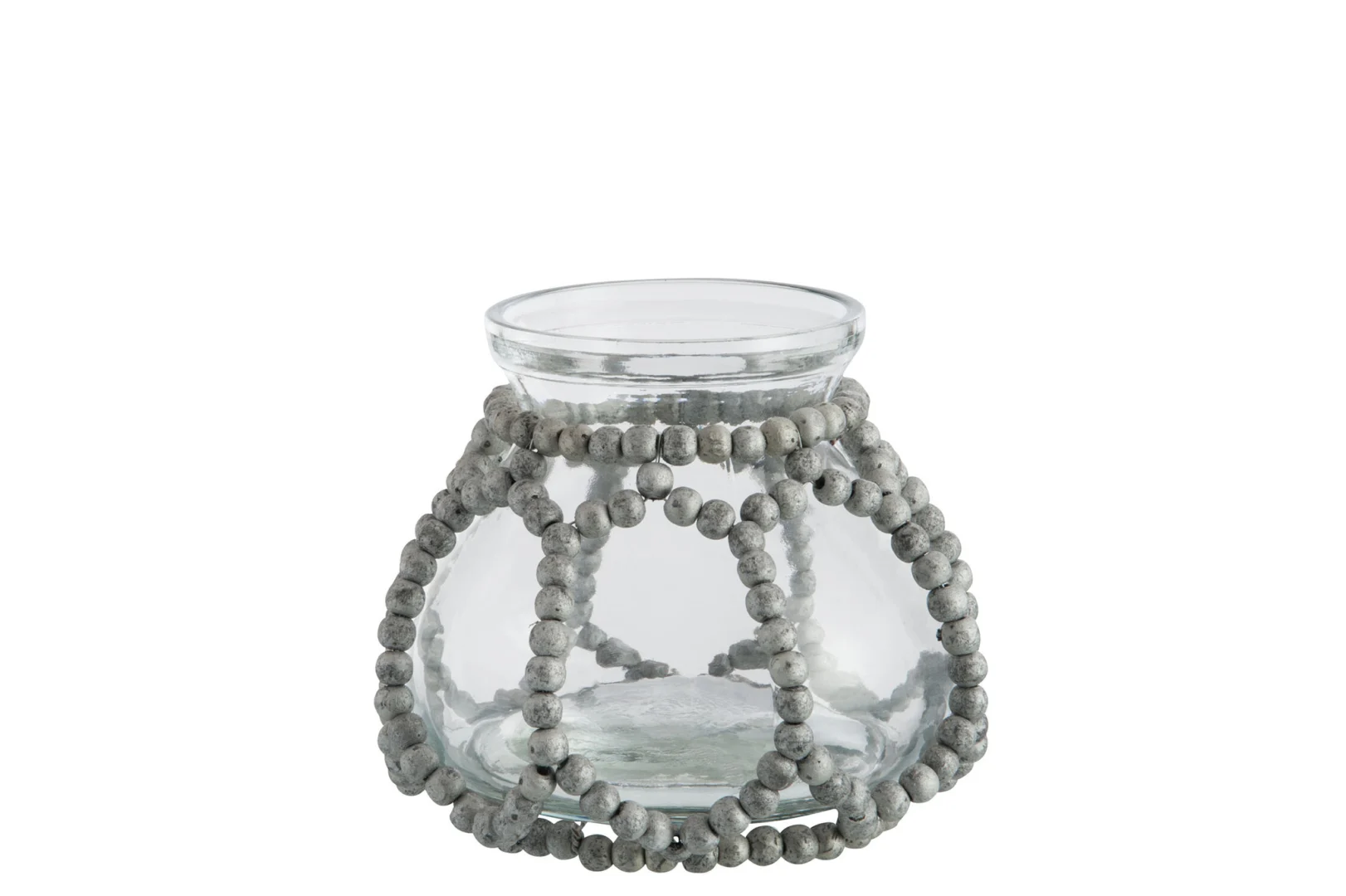 De Kaarsenhouder Kralen Glas Hout Grijs Transparant is een heldere glazen pot met een wijde opening en korte hals, met grijs kralengaas rond het lichaam, tegen een witte achtergrond.