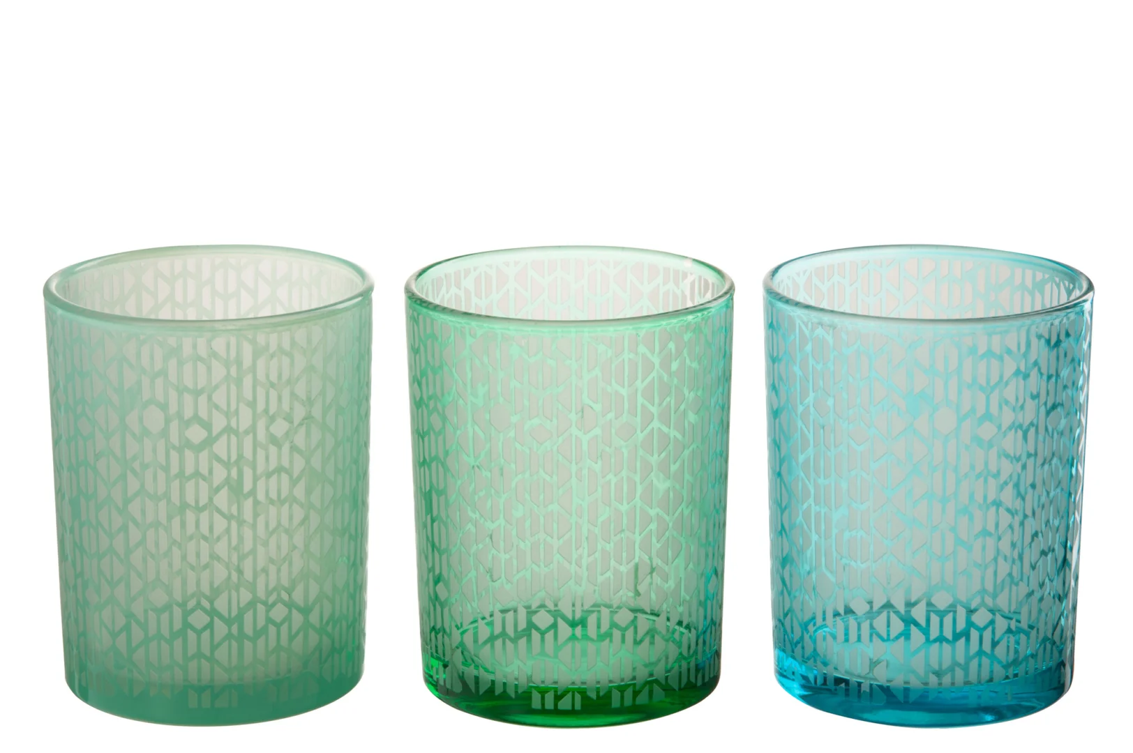 Theelichthouder Geometrisch Glas Groen Groot Set 3: drie glazen houders in groene en blauwe tinten met een zeshoekig patroon, naast elkaar op een witte achtergrond.