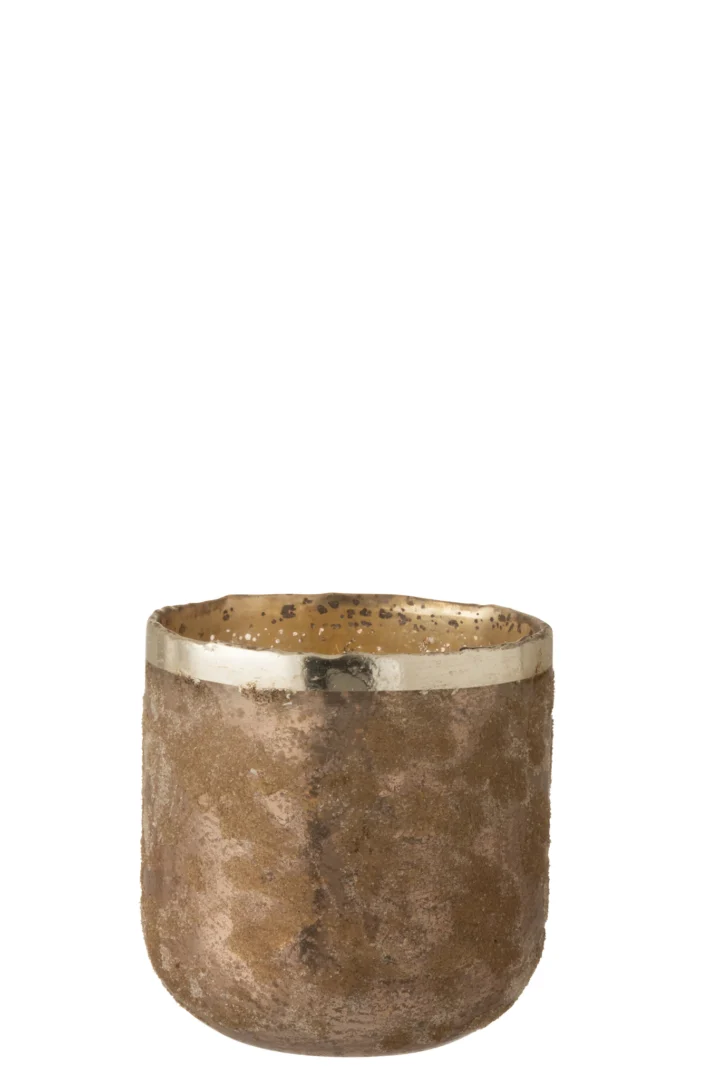 Theelichthouder Frosty Glas Oudroze Groot, een bruine gestructureerde kandelaar met een metallic gouden rand en een licht oneffen oppervlak, weergegeven tegen een effen witte achtergrond.