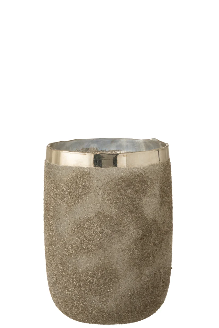 Theelichthouder Frosty Ronde Glas Zilver Extra groot: een grote, ronde glazen theelichthouder met een metallic zilveren rand en gestructureerd zandbeige lichaam, weergegeven tegen een witte achtergrond.