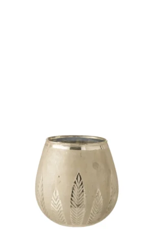 Theelichthouder Blad Rond Glas Zilver Middel: een ronde, zilveren glazen theelichthouder met geëtste bladmotieven aan de onderkant en een brede opening, afgebeeld op een effen witte achtergrond.