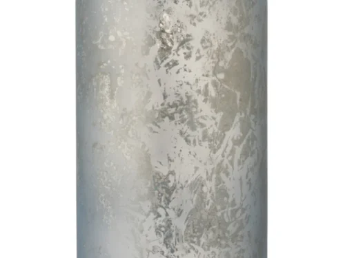 Theelichthouder Glas Sneeuwblauw Extra Groot is een cilindrische glazen vaas met een matte, gemarmerde zilvergrijze afwerking, rechtopstaand afgebeeld tegen een witte achtergrond.