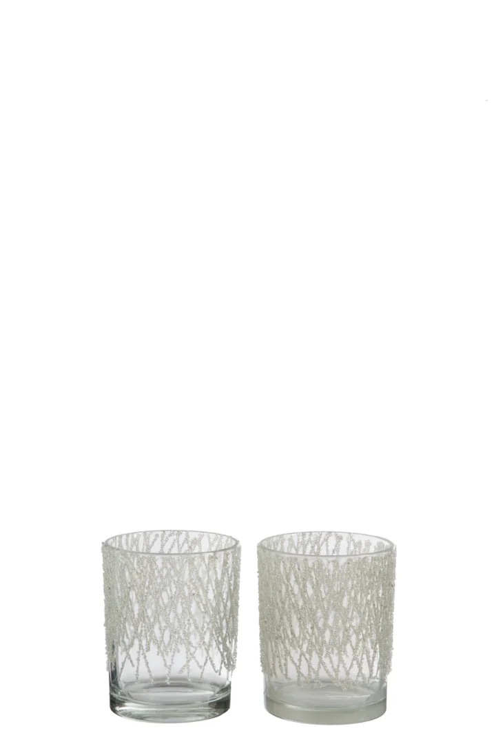 Set van twee Theelichthouder Parelglas Helder Opaal Groot houders, van helder glas met een wit takachtig patroon, naast elkaar uitgestald op een effen witte achtergrond.