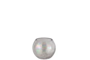 De Orkaan Lichtbal Craquelure Glas Parel Effect Paars Klein is een kleine, ronde vaas met een iriserende craqueléglasstructuur tegen een effen witte achtergrond.