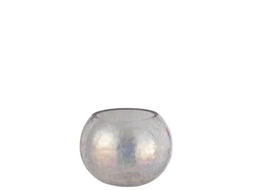 De Kaarsenhouder Orkaan Lichtbal Craquelure Glas Paars Medium is een ronde, gebarsten glazen kaarsenhouder met een brede opening, afgebeeld tegen een effen witte achtergrond.