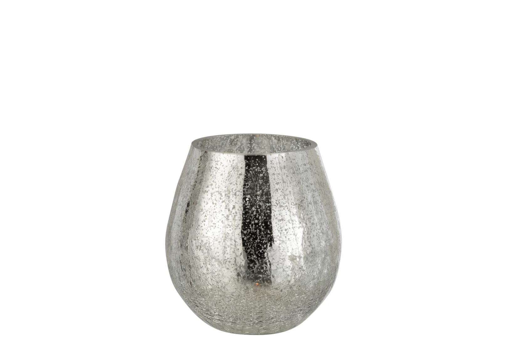 De Kaarsenhouder Orkaan Lichtbal Craquelure Glas Zilver Klein is een kleine, metallic zilveren glazen kandelaar met een ronde, licht taps toelopende vorm en een gestructureerd, gespikkeld oppervlak, afgebeeld tegen een effen witte achtergrond.