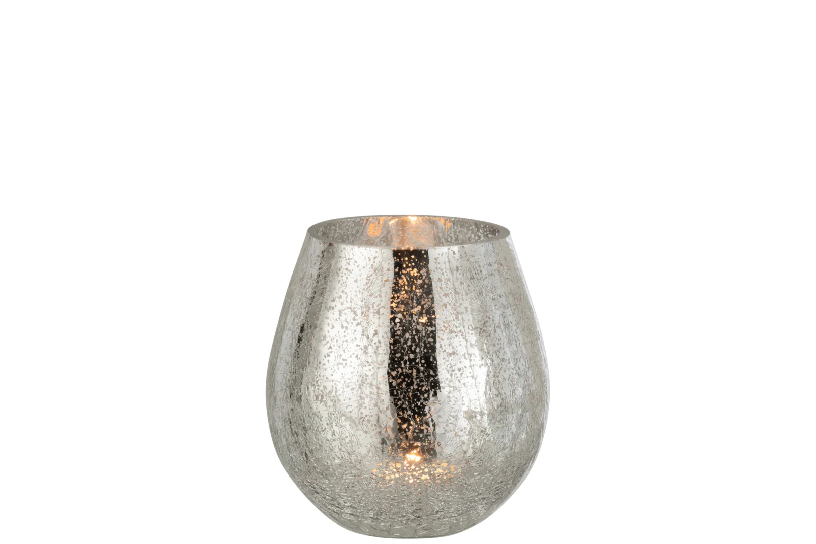 De Kaarsenhouder Orkaan Lichtbal Craquelure Glas Zilver Klein is een kleine, ronde zilveren kandelaar met een gespikkeld, reflecterend craquelure glazen oppervlak en een warm gloeiende kaars binnenin.