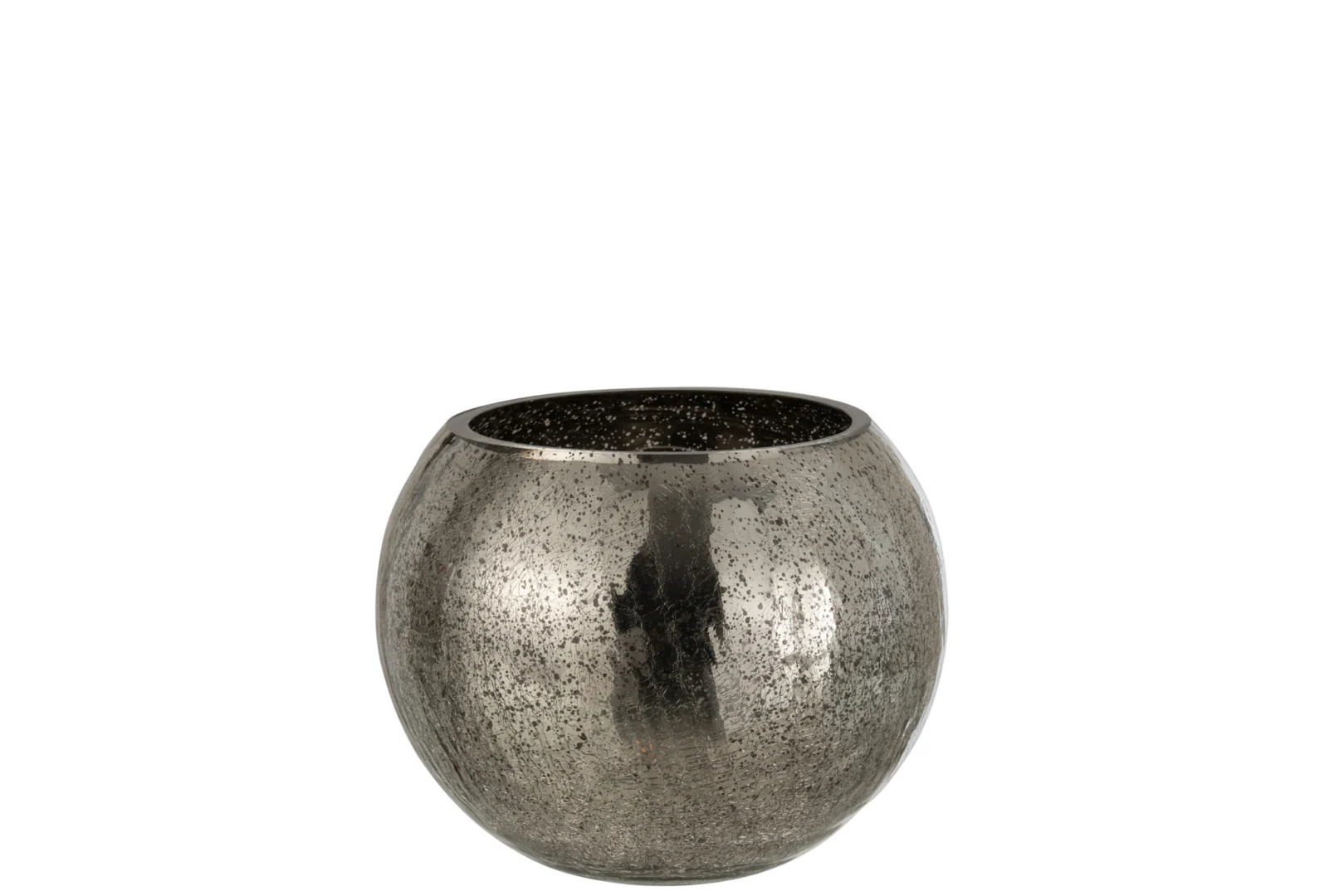 Een grote, ronde, metaalgrijze glazen kaarsenhouder ("Kaarsenhouder Orkaan Lichtbal Craquelure Glas Grijs Groot") met een gespikkelde craquelure afwerking en brede opening wordt getoond tegen een witte achtergrond.