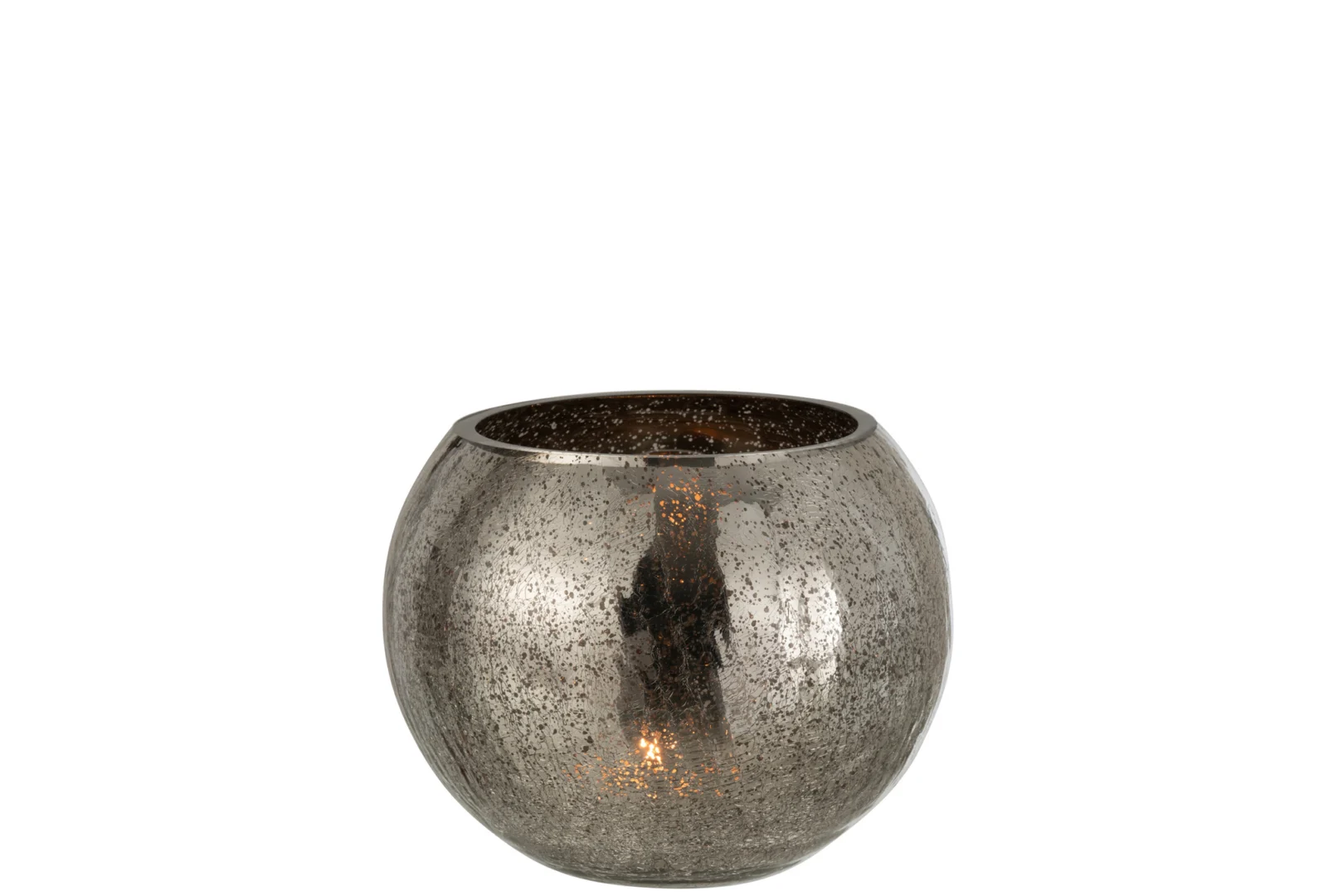 De Kaarsenhouder Orkaan Lichtbal Craquelure Glas Grijs Groot is een ronde, metaalgrijze glazen kandelaar met een gespikkelde, reflecterende afwerking en een open bovenkant, afgebeeld tegen een witte achtergrond.