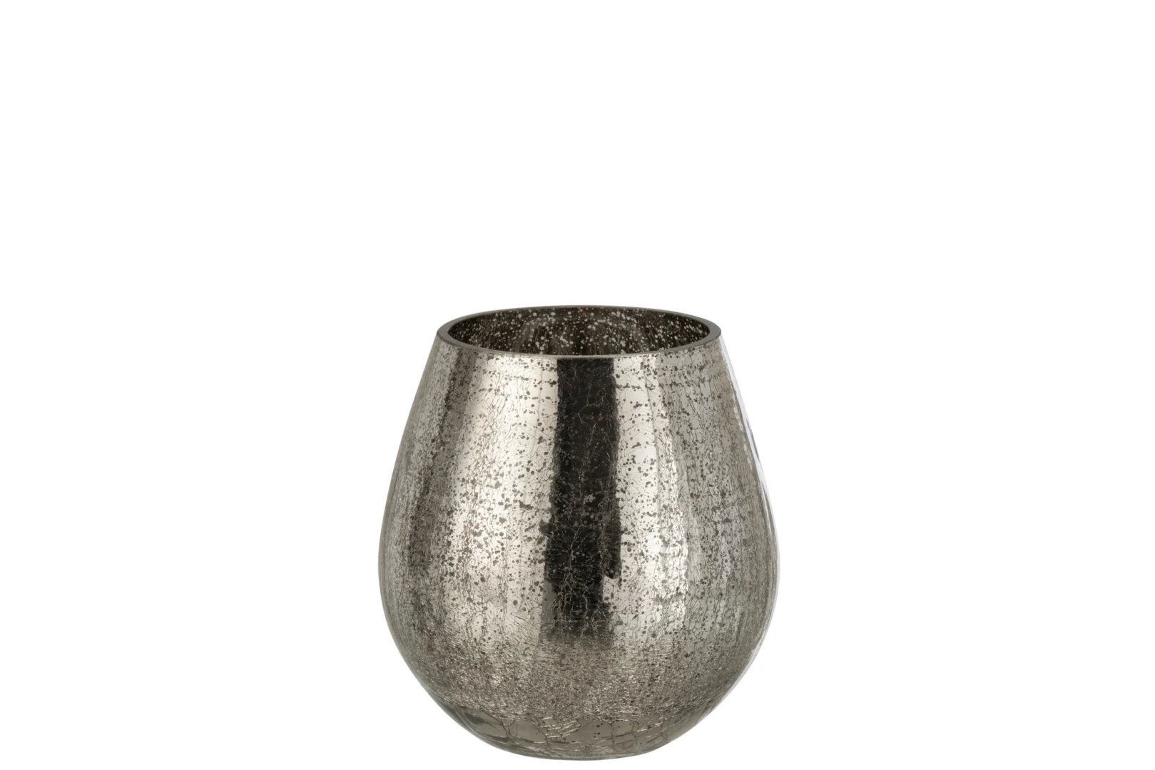 Een kleine, metaalgrijze "Kaarsenhouder Orkaan Lichtbal Craquelure Glas Grijs" met een afgerond, gestructureerd oppervlak en een licht taps toelopende bovenkant tegen een effen witte achtergrond.