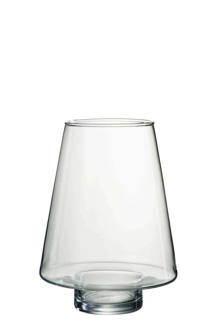 De Kaarsenhouder Orkaan Kegel Glas Transparant is een heldere, kegelvormige glazen kandelaar met een brede basis en smalle opening, afgebeeld op een effen witte achtergrond.
