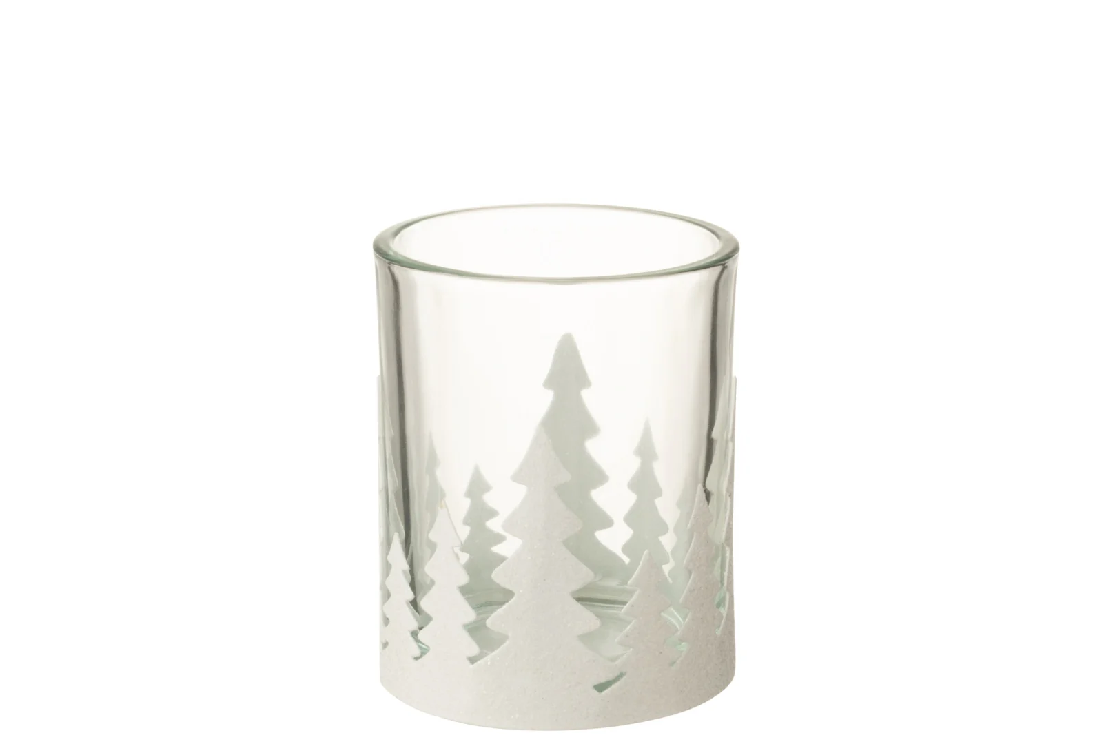 Een grote witte metalen kandelaar, "Theelichthouder Kerstbomen Metaal Glitter Wit Groot," versierd met glitterende kerstboommotieven.