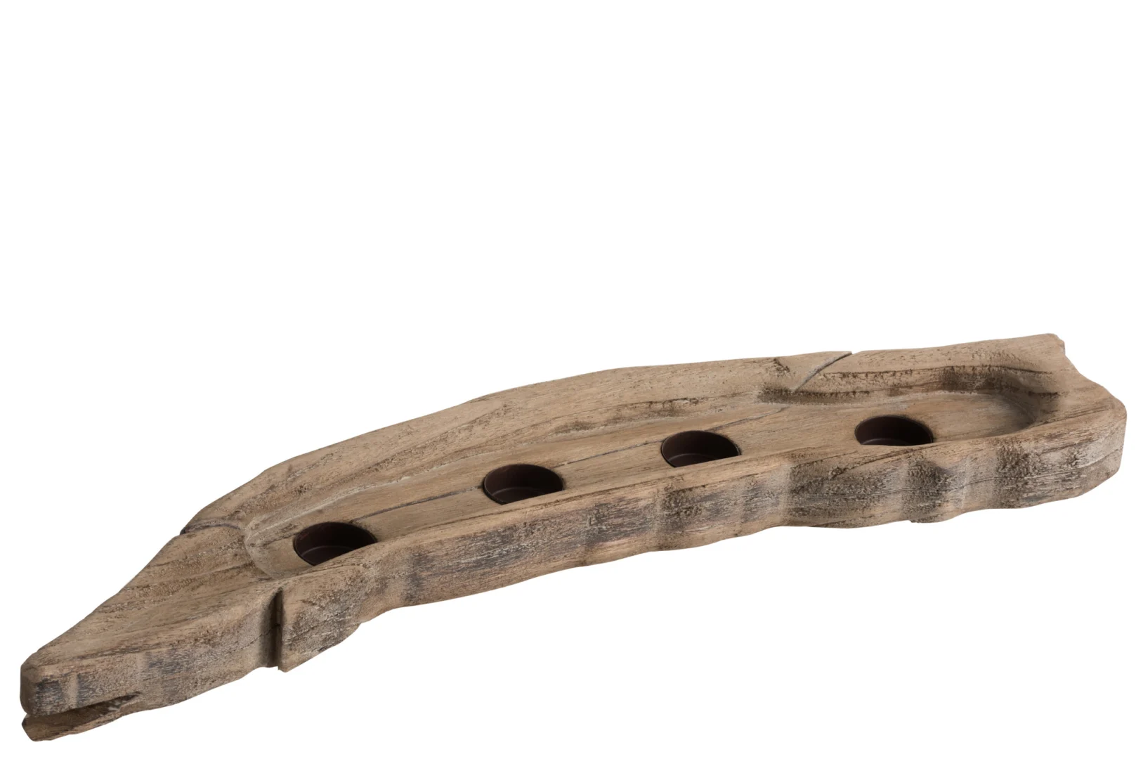Theelichthouder 4 Houders Bladvorm Hout Natuurlijk is een rustieke, bladvormige houten kandelaar met vier gleuven voor kaarsen, afgebeeld op een witte achtergrond.