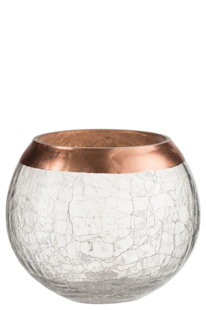De Kaarsenhouder Bal Kraakglas Transparant Koper Groot is een ronde kandelaar van helder gebarsten glas met een brede koperen metalen band rond de rand.