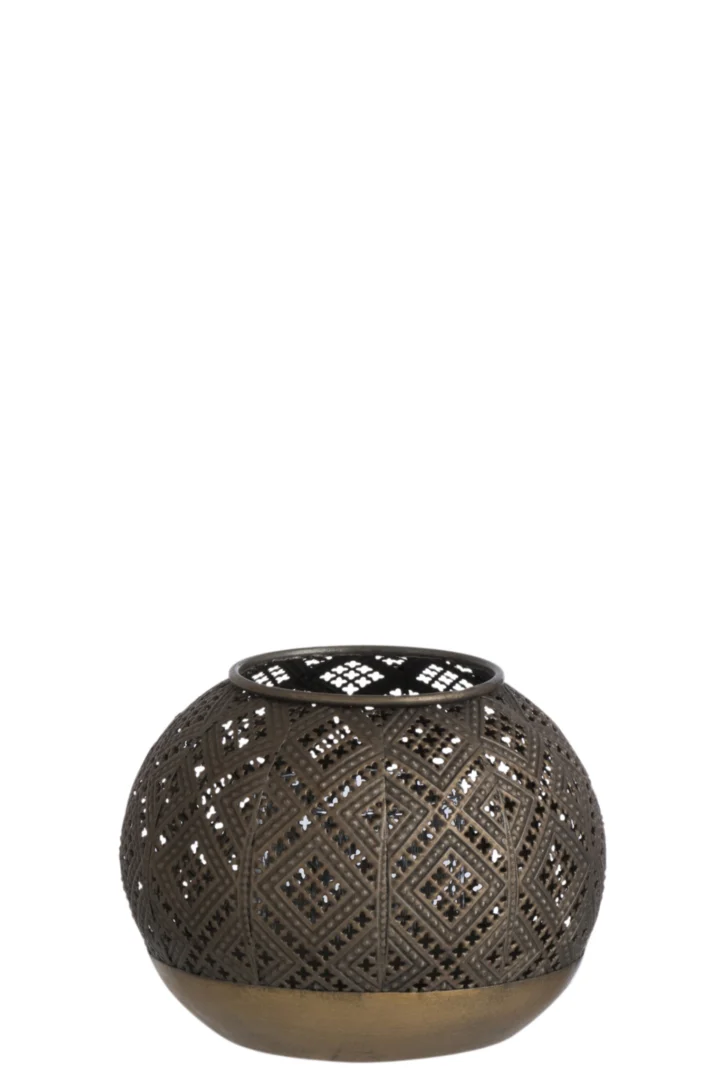 Theelichthouder Bal Oosters Glas Bruin Antiek is een ronde, bronskleurige lantaarn met een ruitvormig uitgesneden ontwerp, een brede opening aan de bovenkant en een licht taps toelopende basis voor een prachtige lichtprojectie.