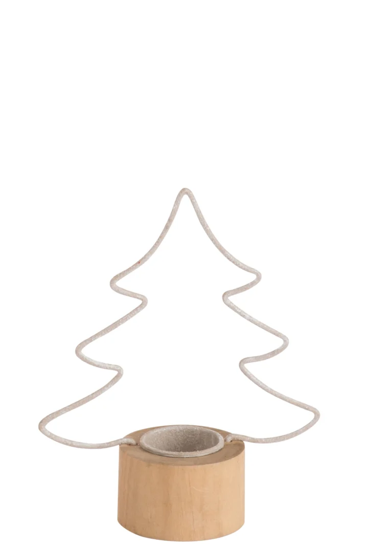 Theelichthouder Kerstboom Metaal Grijsbruin Klein: een minimalistische metalen kerstboom op een ronde houten voet, ontworpen als decoratieve kaarsenhouder, afgebeeld tegen een witte achtergrond.