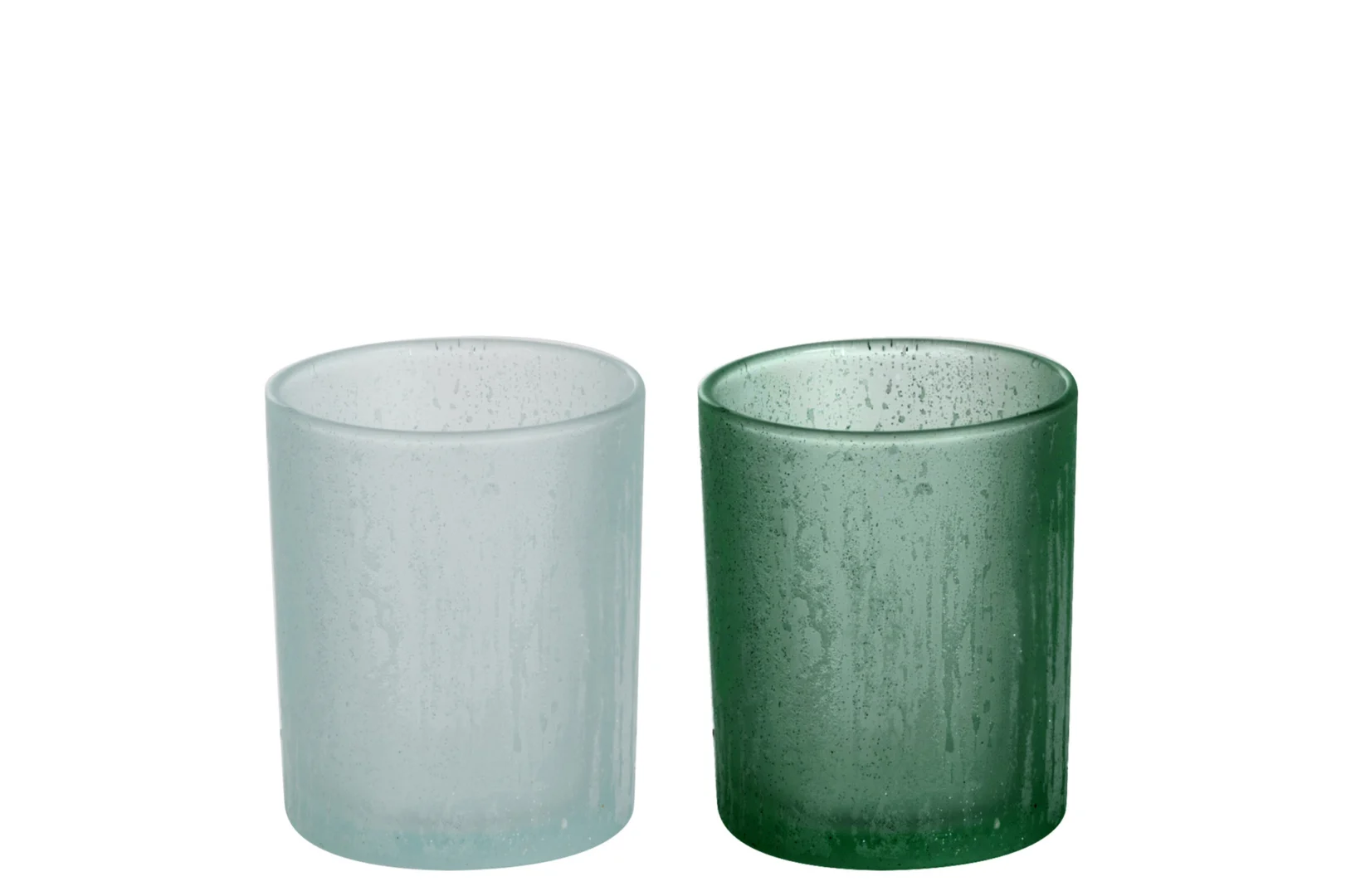 Theelichthouder Glas IJsblauw Groen Groot Set 2 heeft twee gematteerde glazen houders met textuur - een lichtblauwe en een groene - naast elkaar tegen een witte achtergrond.