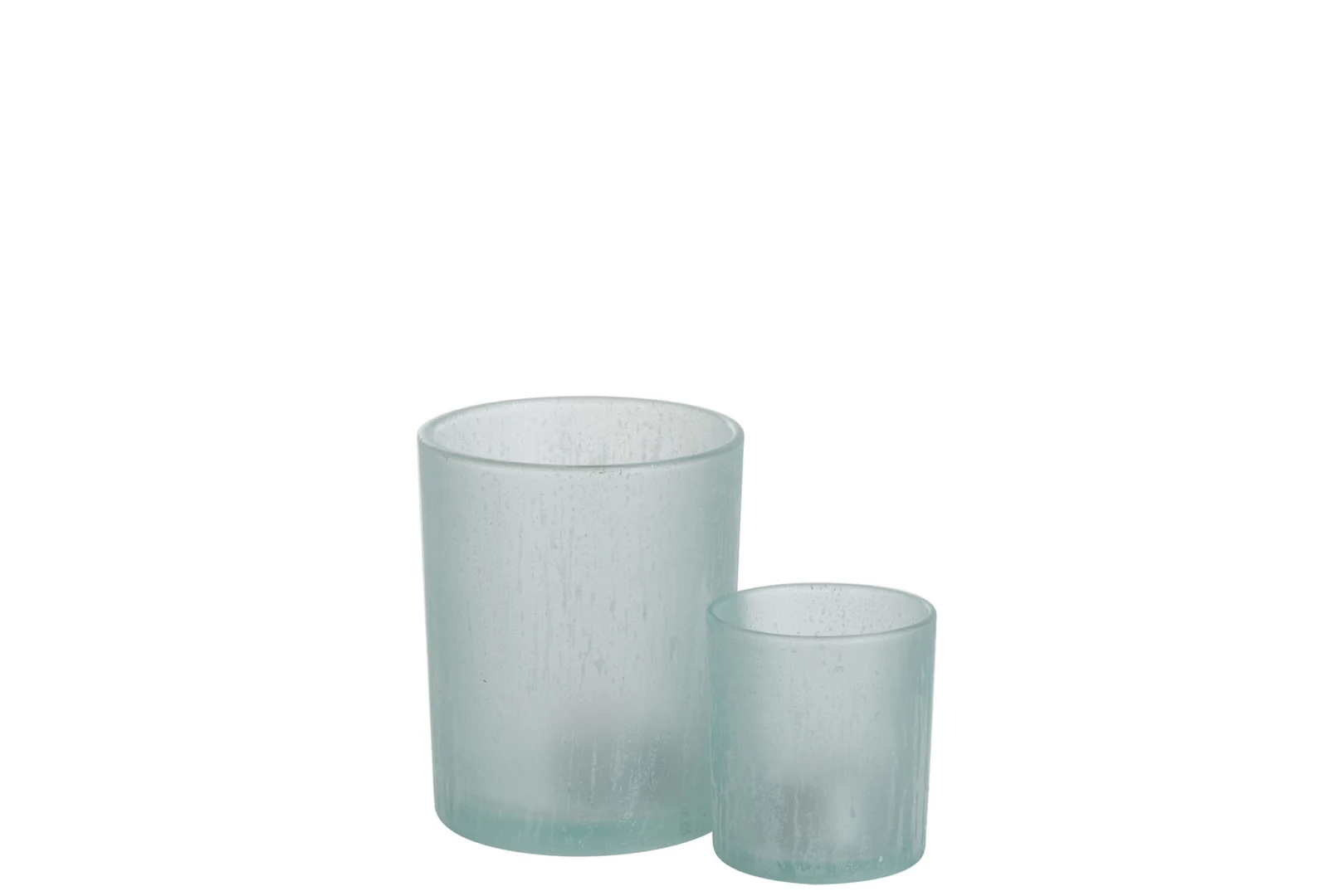Twee Theelichthouder Glas IJsblauw Groen Groot kandelaars, een grote en een kleine, staan naast elkaar op een effen witte achtergrond.