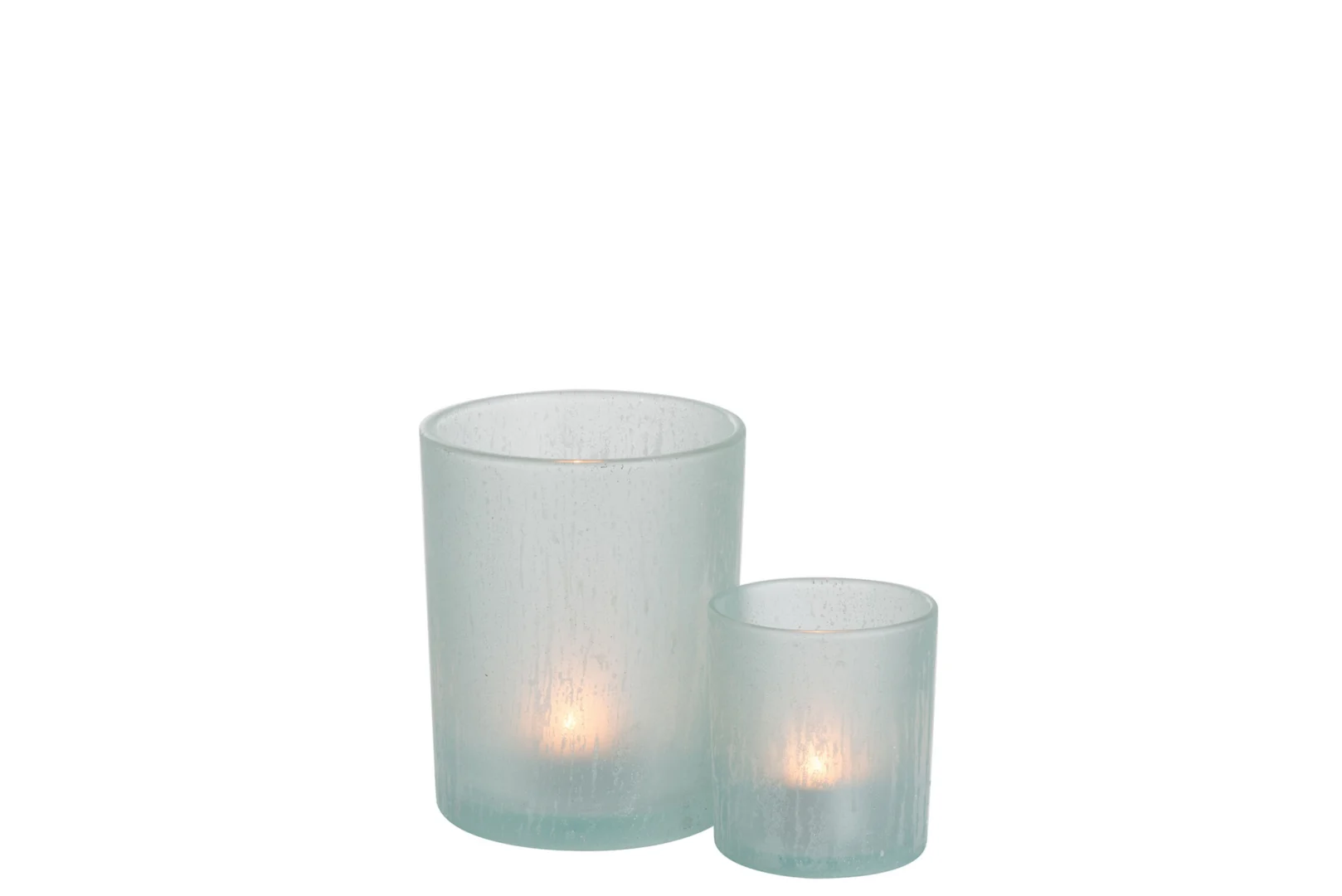 Theelichthouder Glas IJsblauw Groen Groot Set 2: twee matglazen kandelaars in ijsblauw en groen, elk van verschillende hoogte, naast elkaar tegen een effen witte achtergrond.