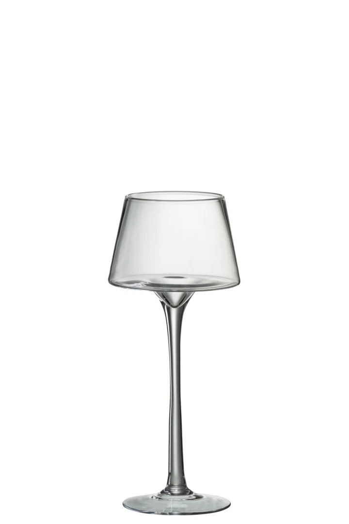 Een heldere Kaarsenhouder Kegel Op Voet Glas Transparant Medium met een brede schaal en slanke steel staat rechtop tegen een effen witte achtergrond.