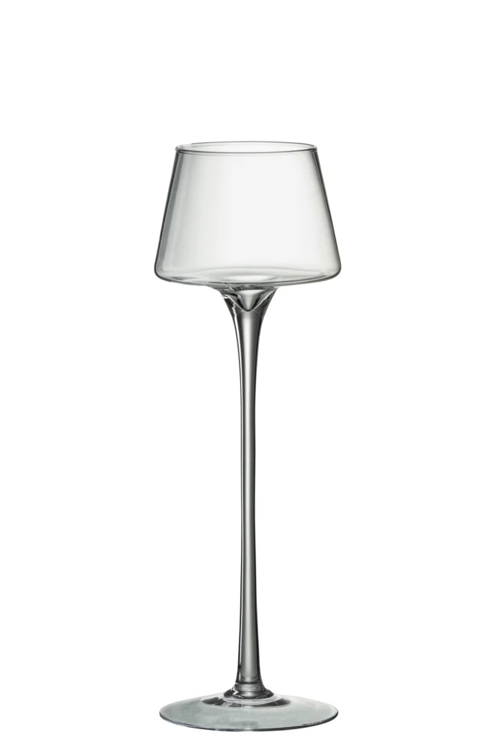De Kaarsenhouder Op Voet Kegel Glas Transparant Groot is een moderne, helder glazen kandelaar met een hoge steel en brede schaal, tegen een effen witte achtergrond.